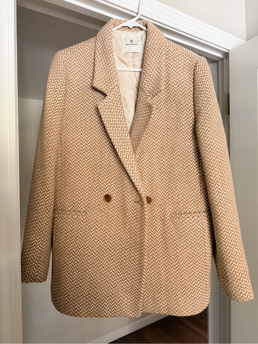 tan and cream herringbone double-breasted blazer by ANINE BING